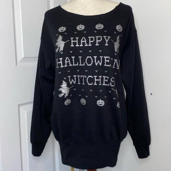 Women's Happy Halloween Witches Sloped Shoulder Sweatshirt Small - Picture 1 of 8